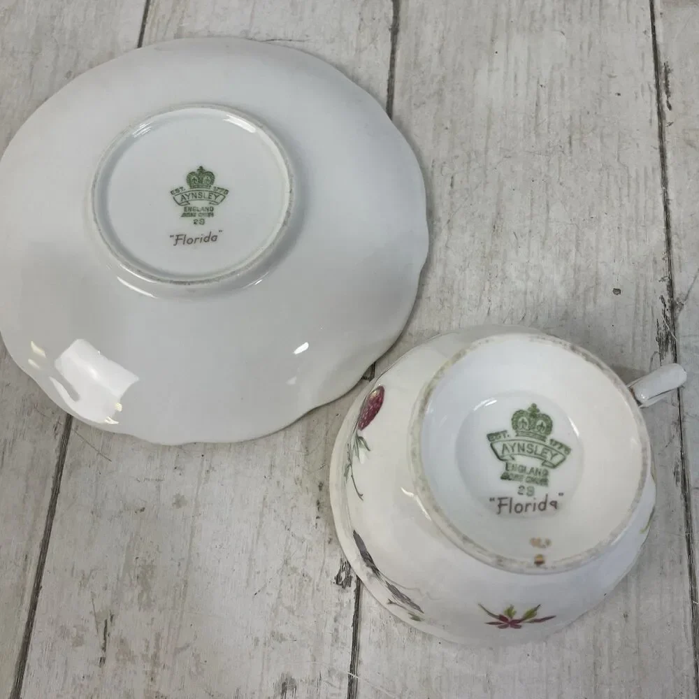 Vintage Aynsley Florida Tea Cup & Saucer Set Fruits Gold Accents England